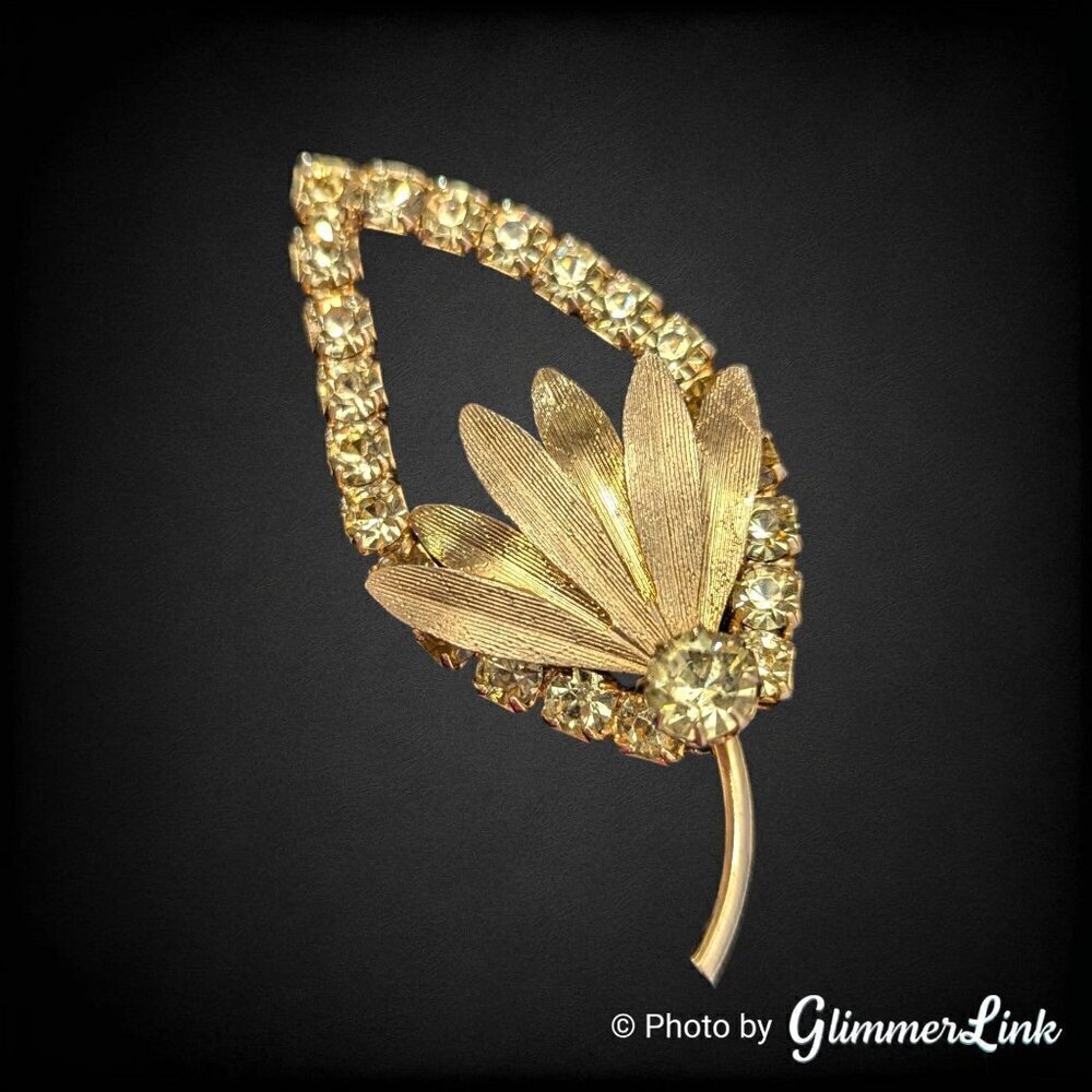 Vintage Yellow Rhinestone Openwork Leaf Gold Tone Brooch Pin
